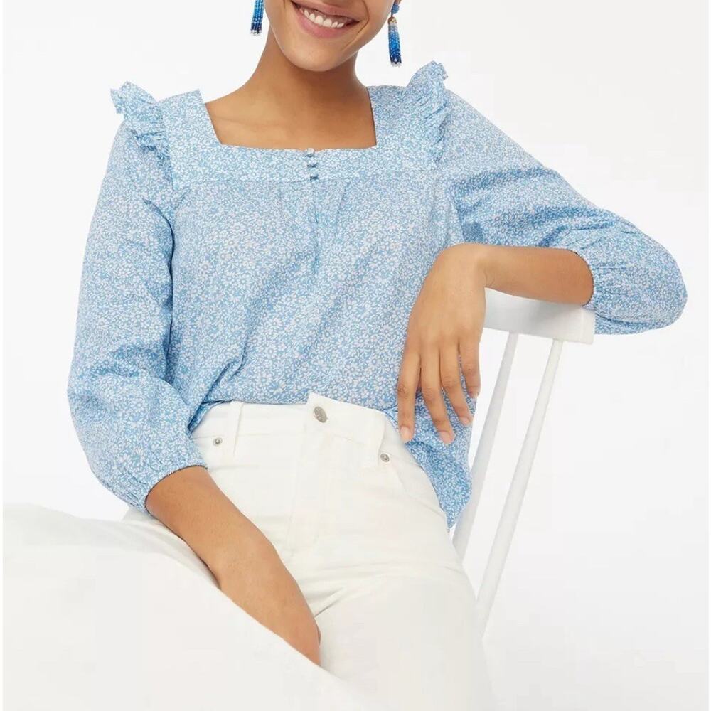 J. Crew Blue Large BR779 Cotton Floral Square neck Ruffle Top J- NWT - Picture 1 of 14